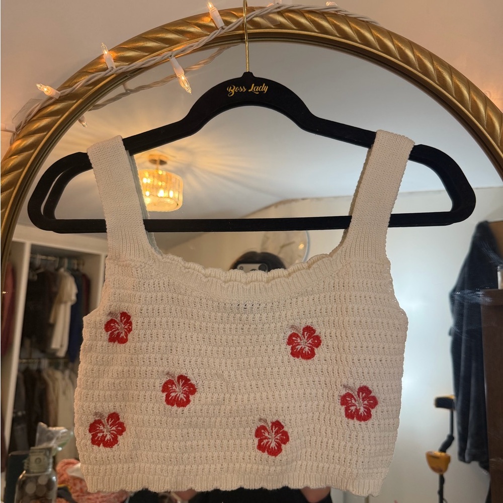 Cream Cropped Top with Red Floral Accents